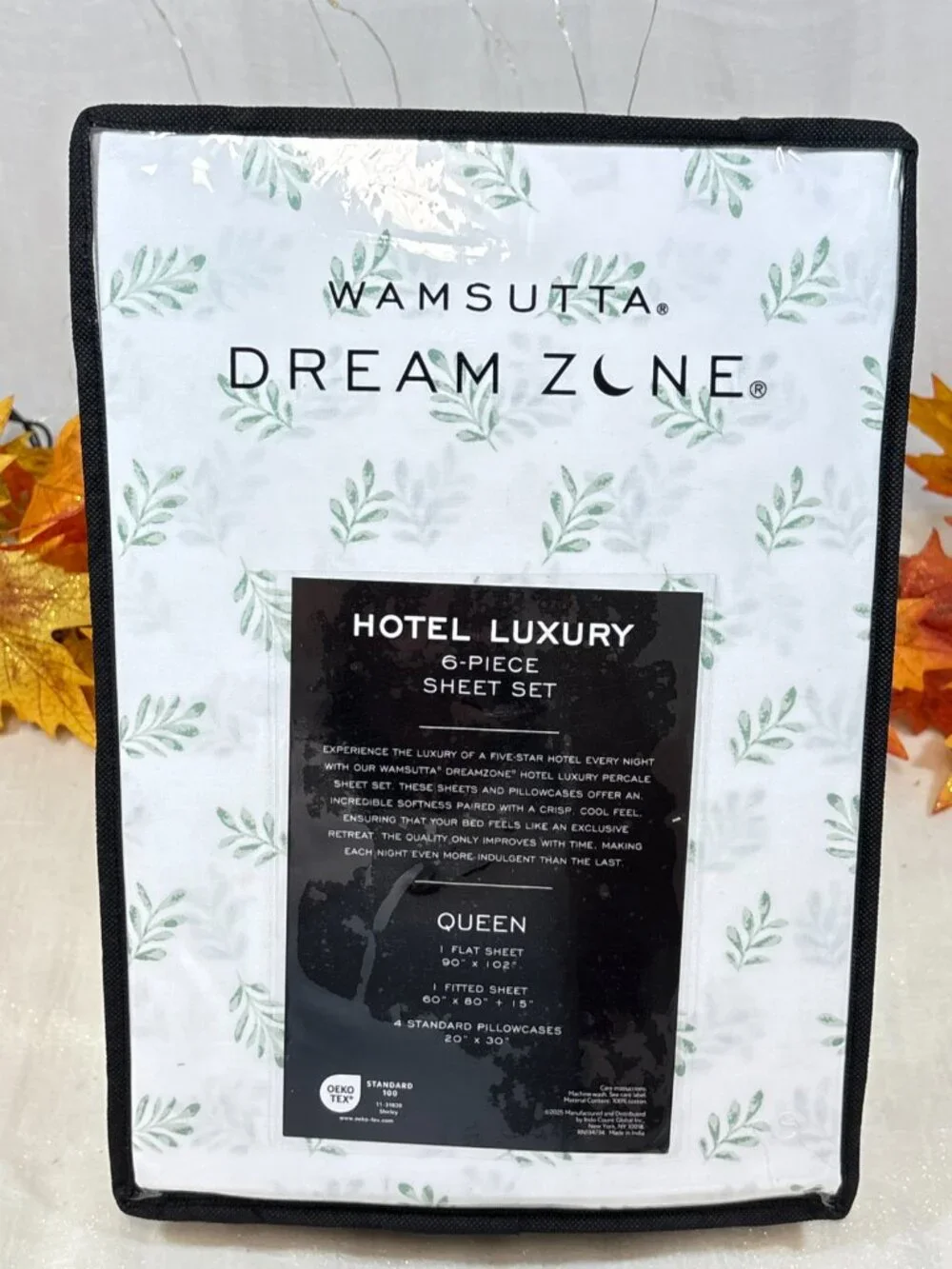 Wamsutta Dream Zone Hotel Luxury QUEEN Sheet Set White Leaf Cotton Percale 6PC
